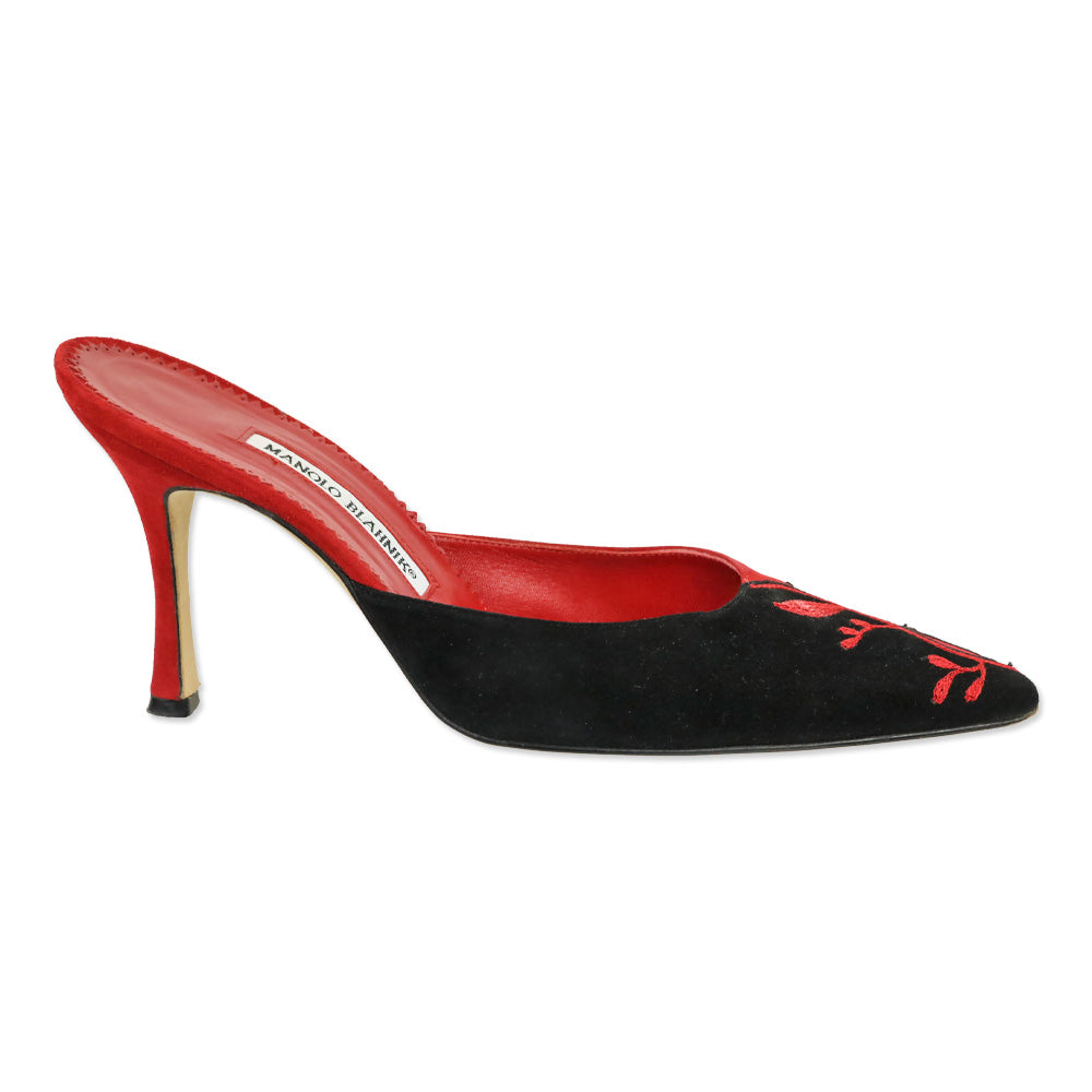Manolo Blahnik Red and Black Suede Floral Embroidered Mules