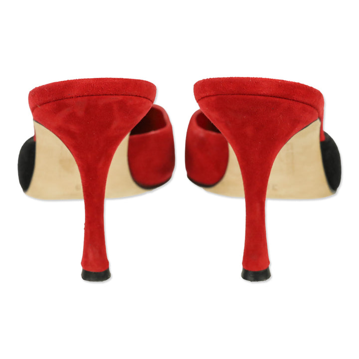 Manolo Blahnik Red and Black Suede Floral Embroidered Mules