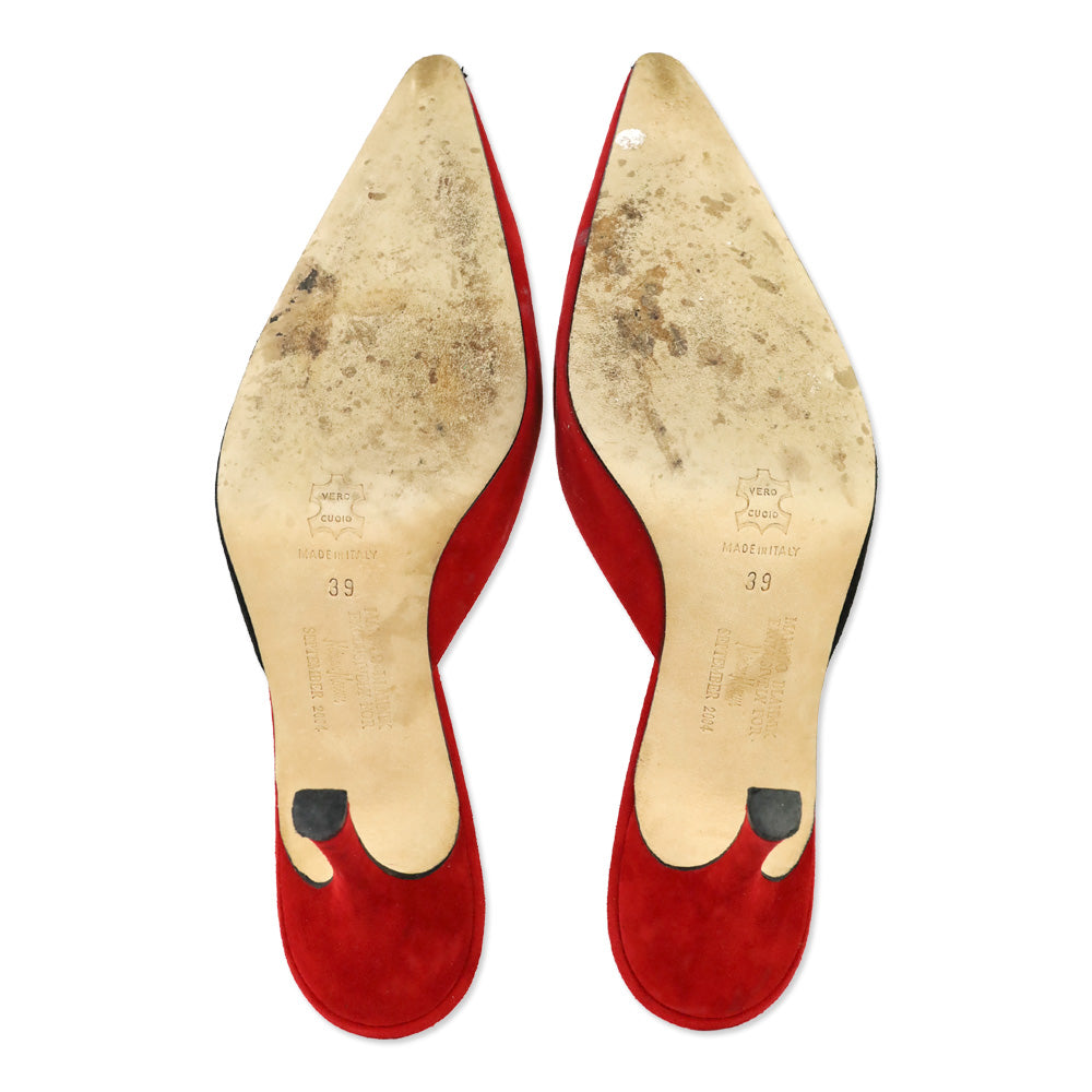Manolo Blahnik Red and Black Suede Floral Embroidered Mules