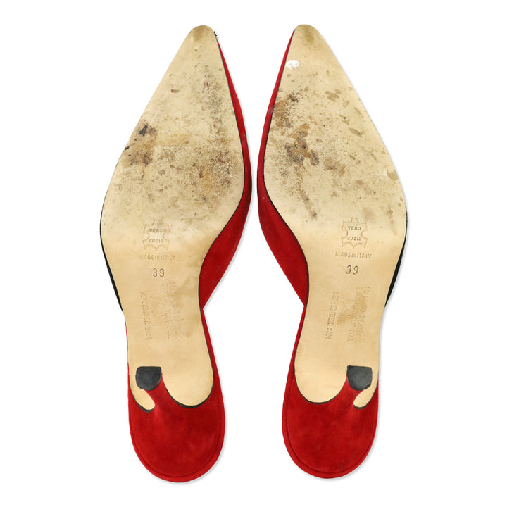 Manolo Blahnik Red and Black Suede Floral Embroidered Mules