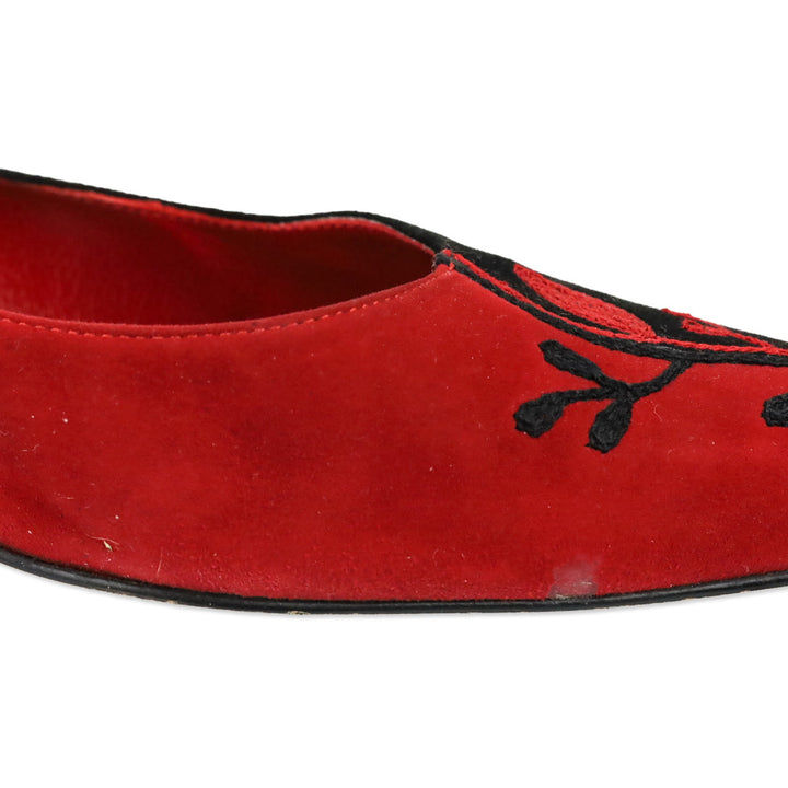 Manolo Blahnik Red and Black Suede Floral Embroidered Mules