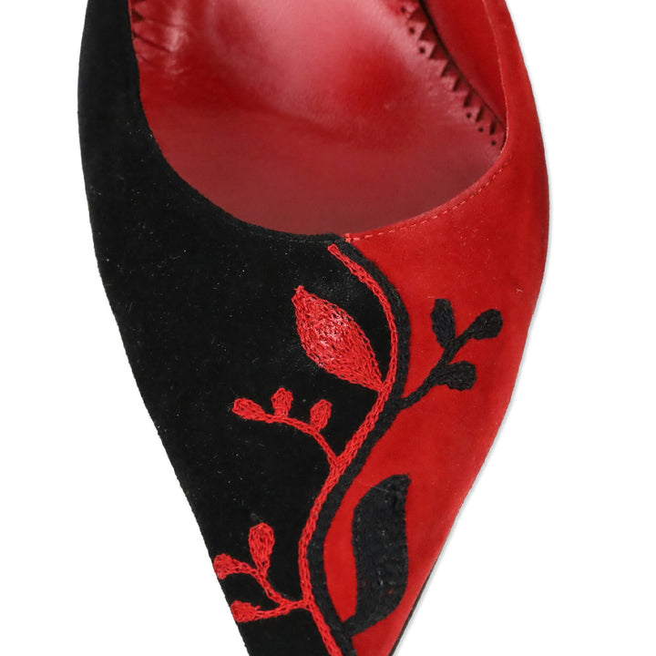 Manolo Blahnik Red and Black Suede Floral Embroidered Mules