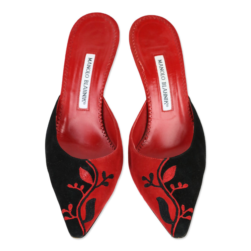 Manolo Blahnik Red and Black Suede Floral Embroidered Mules