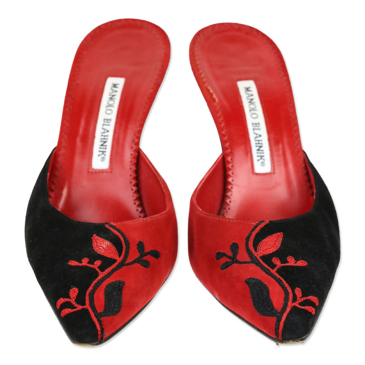 Manolo Blahnik Red and Black Suede Floral Embroidered Mules