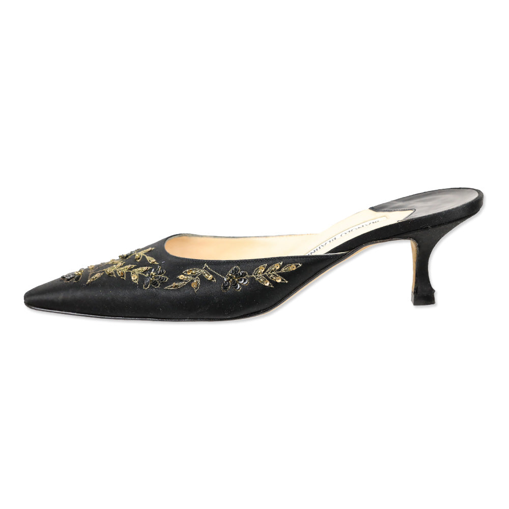 Manolo Blahnik Sequin Embroidered Black Satin Mules