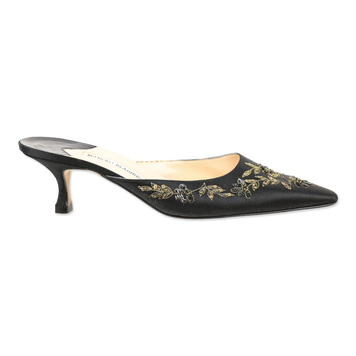 Manolo Blahnik Sequin Embroidered Black Satin Mules