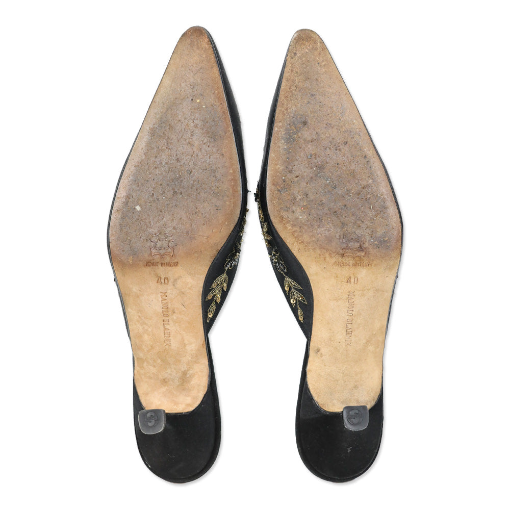 Manolo Blahnik Sequin Embroidered Black Satin Mules