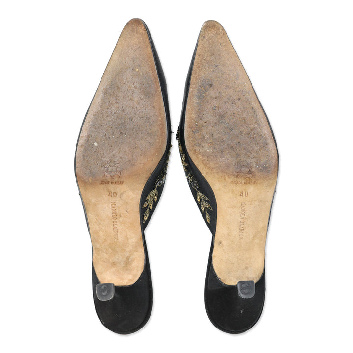 Manolo Blahnik Sequin Embroidered Black Satin Mules