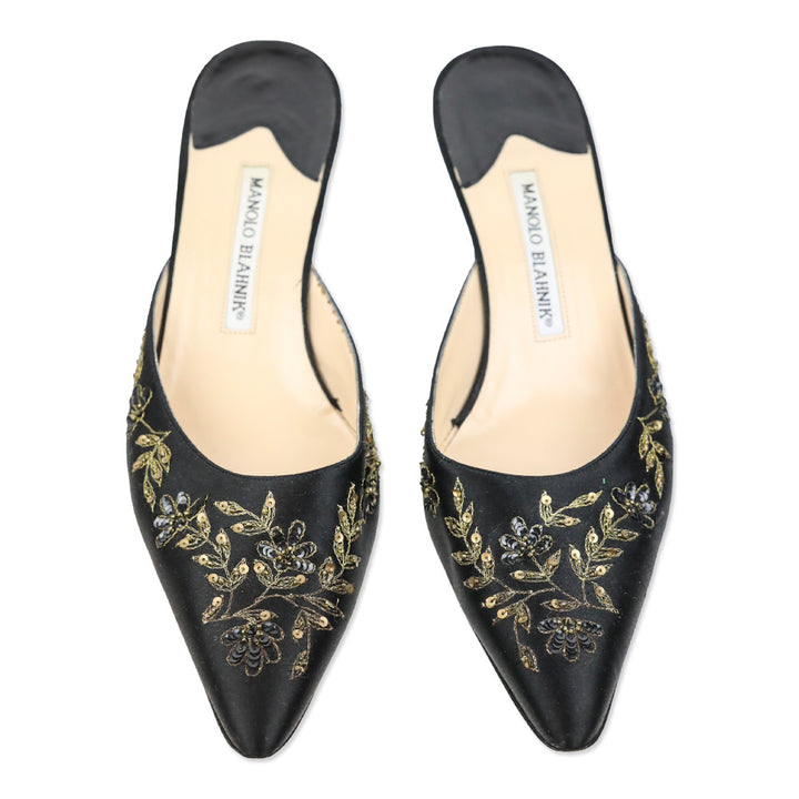 Manolo Blahnik Sequin Embroidered Black Satin Mules