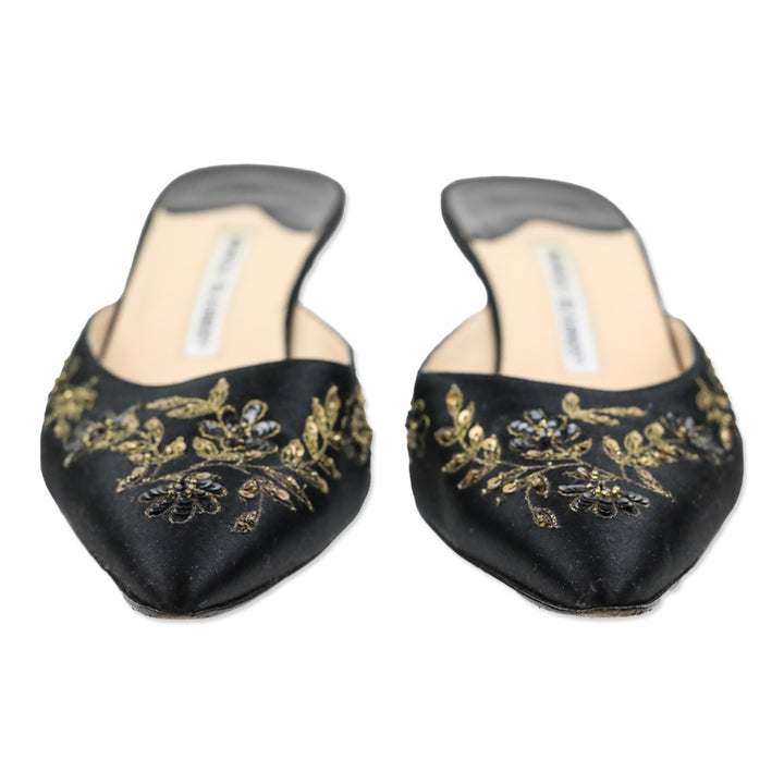 Manolo Blahnik Sequin Embroidered Black Satin Mules