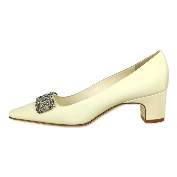 Manolo Blahnik Silieraso Cream Silk Crystal Ornament Pumps