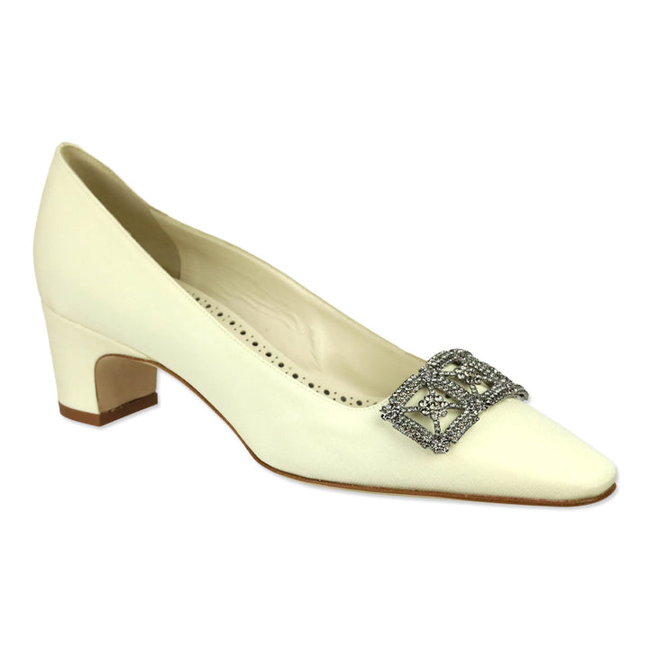 Manolo Blahnik Silieraso Cream Silk Crystal Ornament Pumps