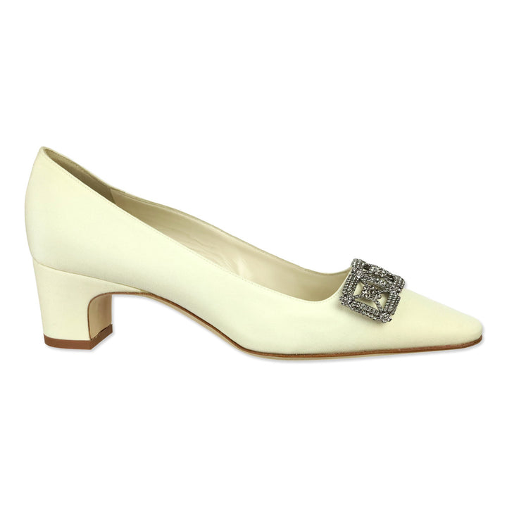 Manolo Blahnik Silieraso Cream Silk Crystal Ornament Pumps
