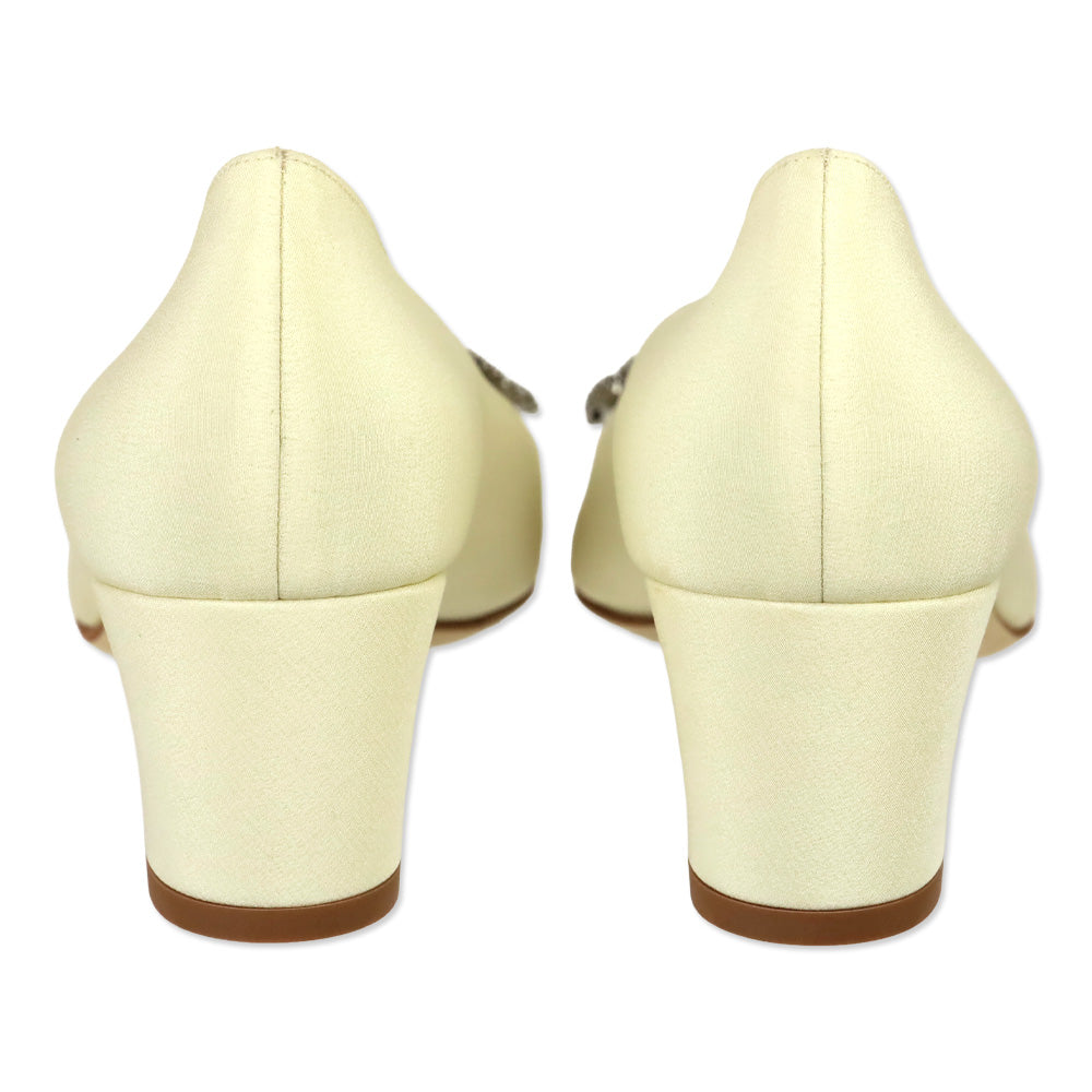 Manolo Blahnik Silieraso Cream Silk Crystal Ornament Pumps