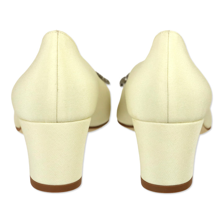 Manolo Blahnik Silieraso Cream Silk Crystal Ornament Pumps