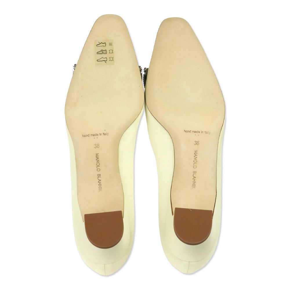 Manolo Blahnik Silieraso Cream Silk Crystal Ornament Pumps