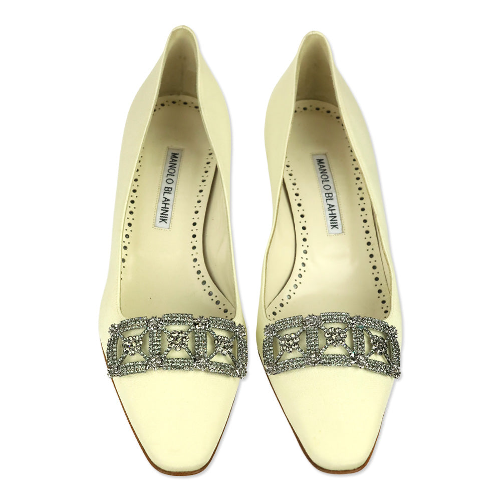 Manolo Blahnik Silieraso Cream Silk Crystal Ornament Pumps