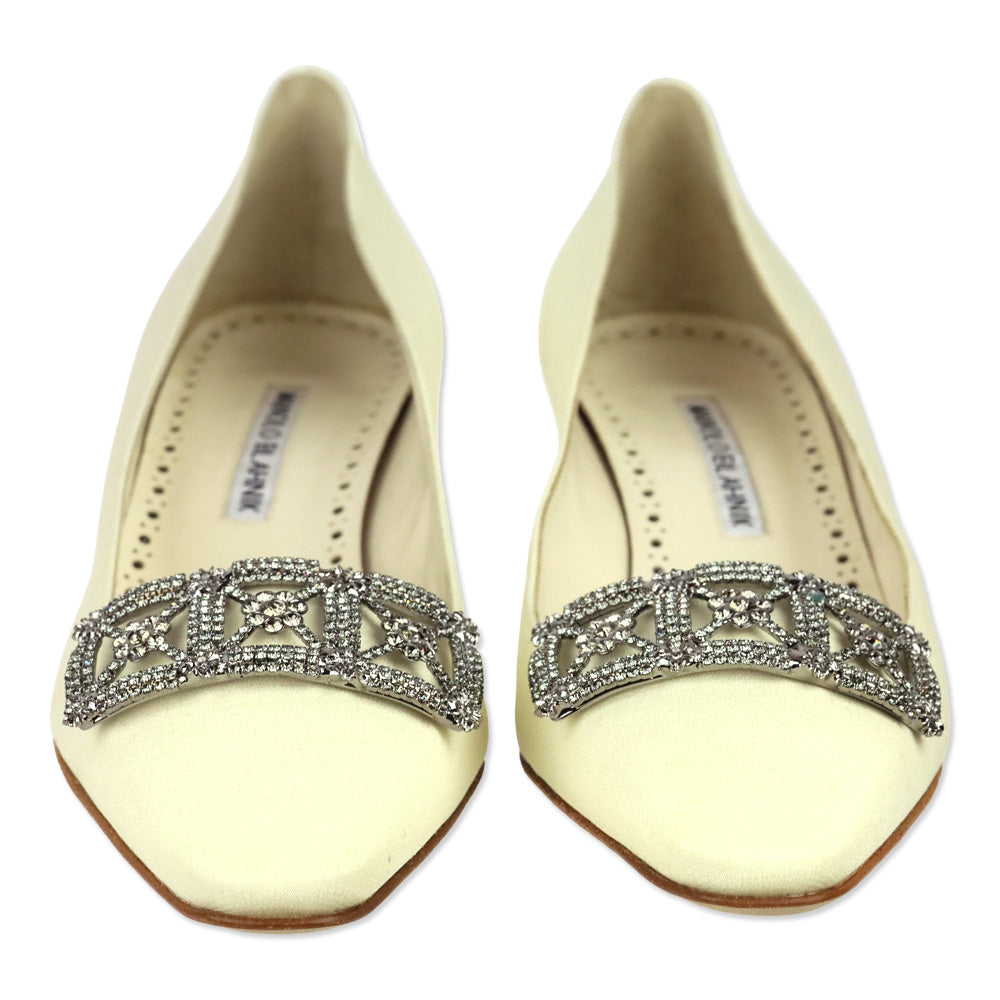 Manolo Blahnik Silieraso Cream Silk Crystal Ornament Pumps