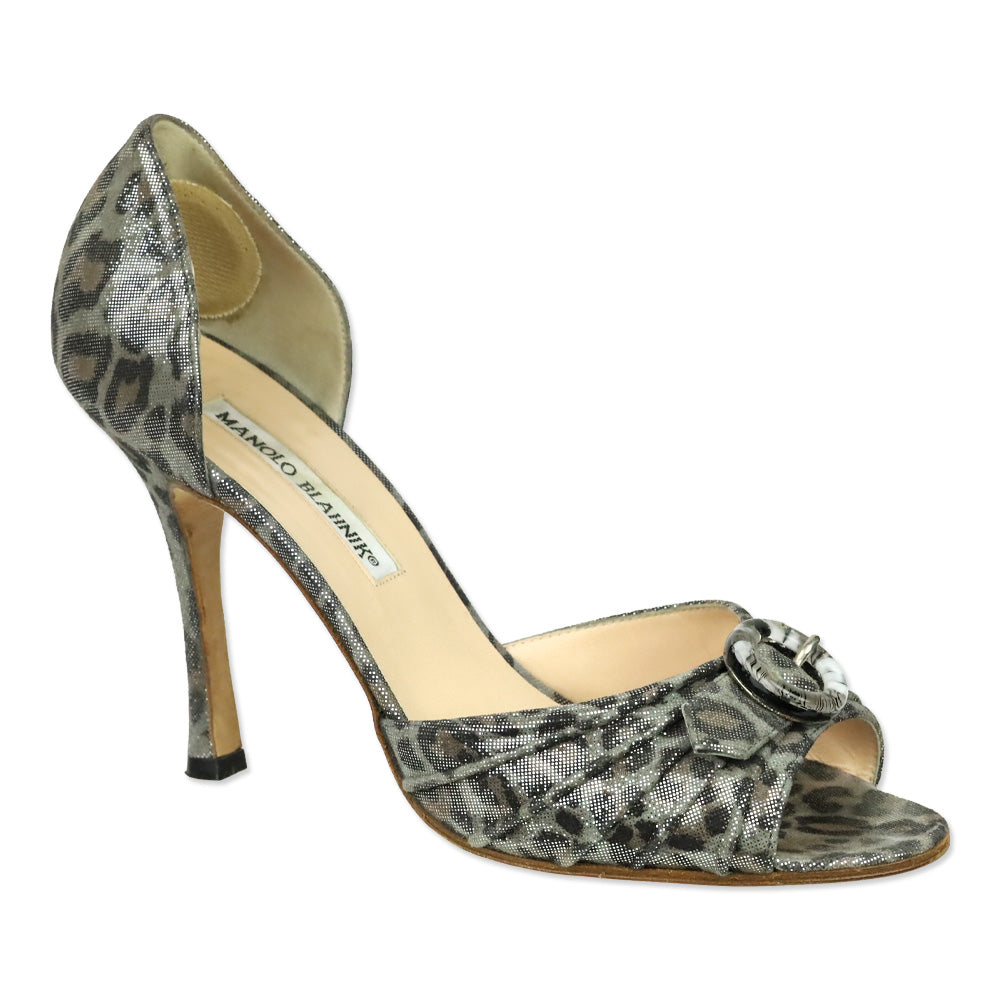 Manolo Blahnik Silver Leopard Sedaraby d'Orsay Peep-Toe Pumps