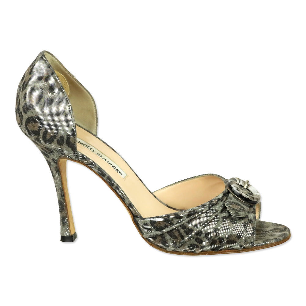Manolo Blahnik Silver Leopard Sedaraby d'Orsay Peep-Toe Pumps
