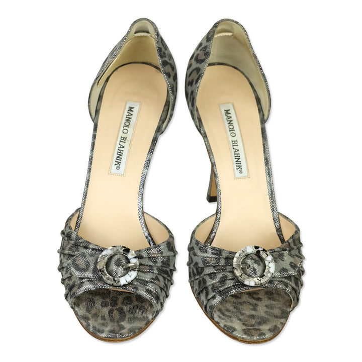 Manolo Blahnik Silver Leopard Sedaraby d'Orsay Peep-Toe Pumps