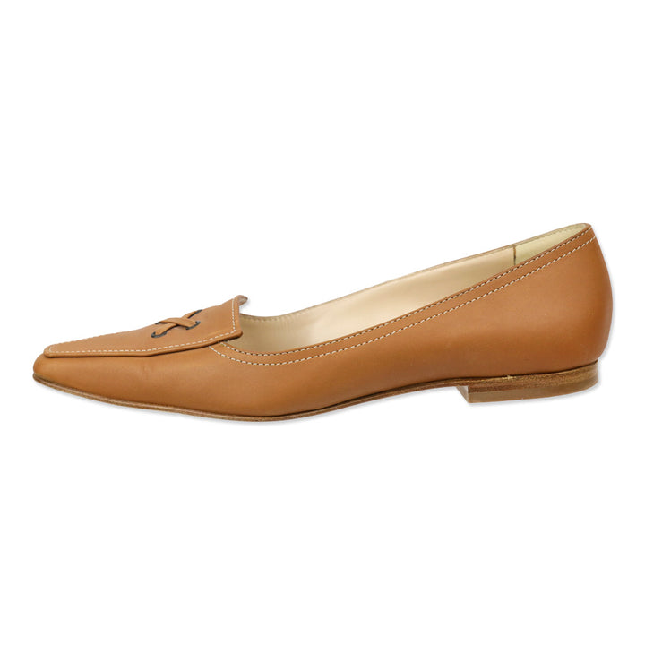 Manolo Blahnik Tan Leather Criss Cross Lace-Up Pointed Toe Loafer Flat