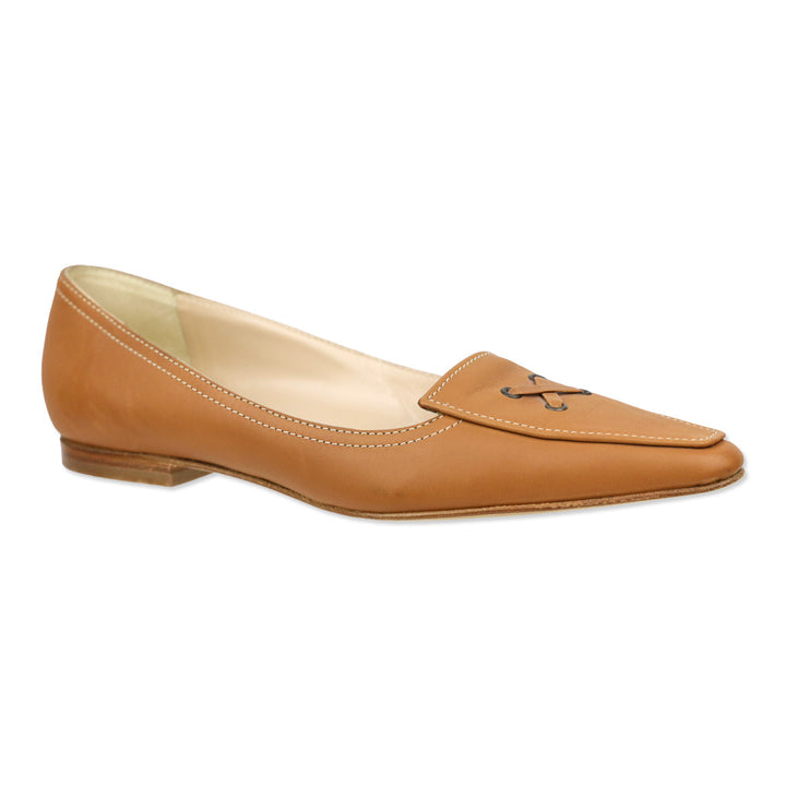 Manolo Blahnik Tan Leather Criss Cross Lace-Up Pointed Toe Loafer Flat