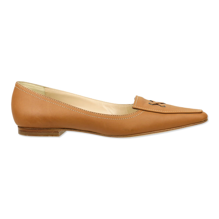 Manolo Blahnik Tan Leather Criss Cross Lace-Up Pointed Toe Loafer Flat