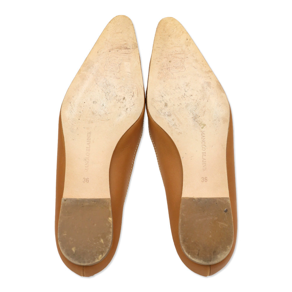 Manolo Blahnik Tan Leather Criss Cross Lace-Up Pointed Toe Loafer Flat