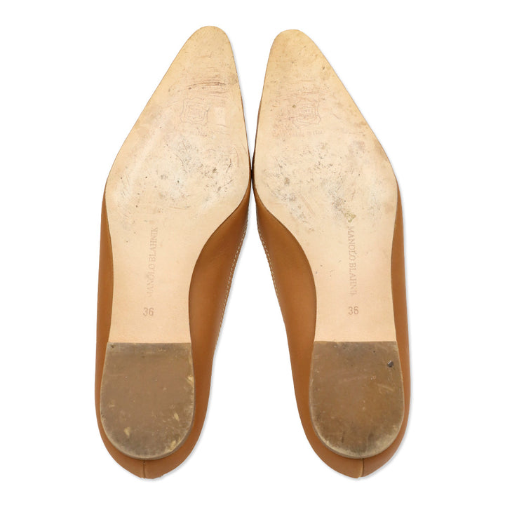 Manolo Blahnik Tan Leather Criss Cross Lace-Up Pointed Toe Loafer Flat