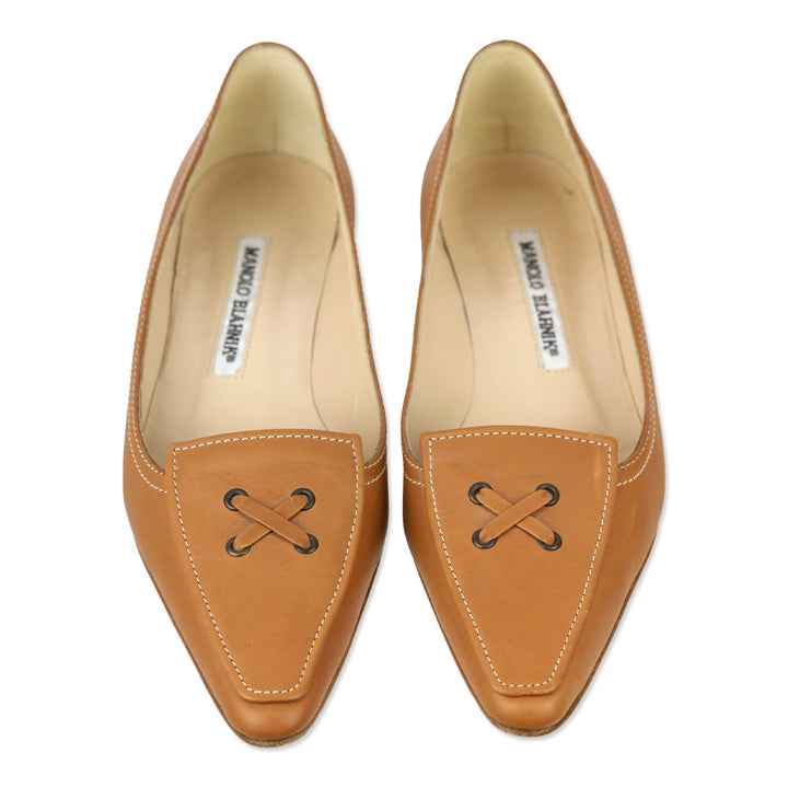 Manolo Blahnik Tan Leather Criss Cross Lace-Up Pointed Toe Loafer Flat