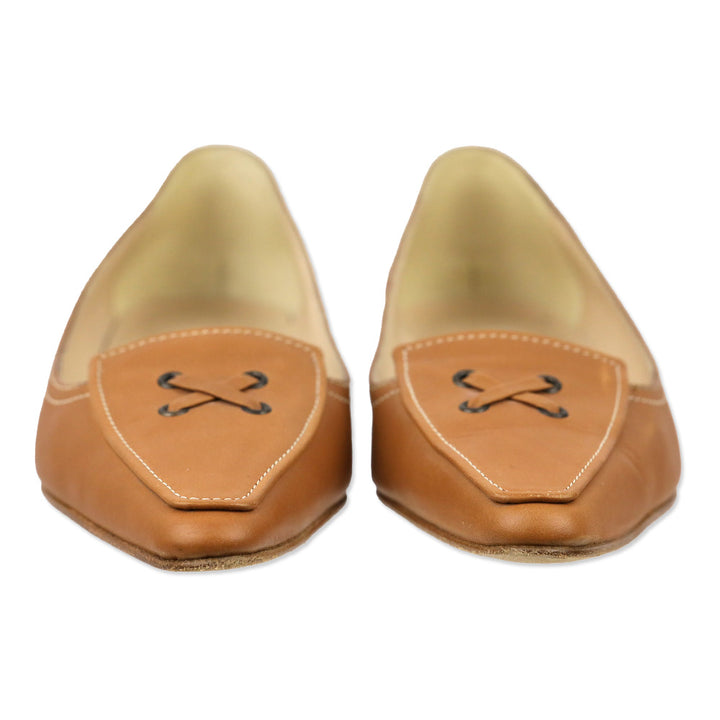 Manolo Blahnik Tan Leather Criss Cross Lace-Up Pointed Toe Loafer Flat