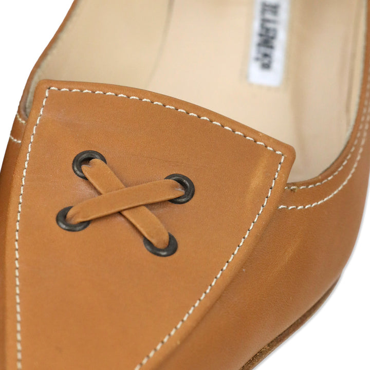 Manolo Blahnik Tan Leather Criss Cross Lace-Up Pointed Toe Loafer Flat
