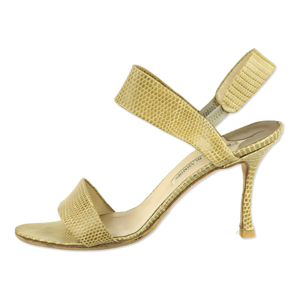 Manolo Blahnik Tan Lizard Leather Ankle Strap Sandal