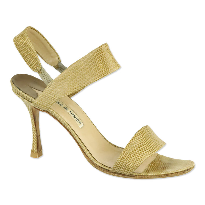 Manolo Blahnik Tan Lizard Leather Ankle Strap Sandal