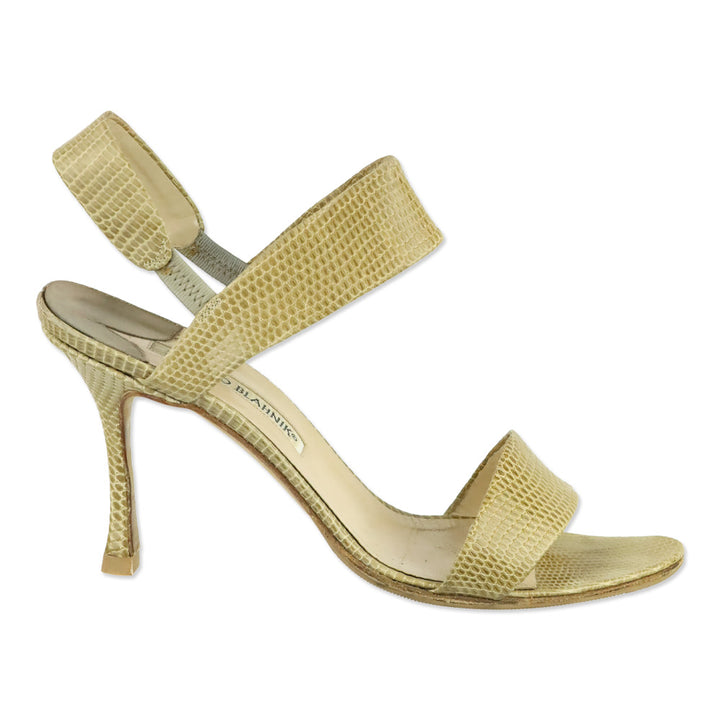 Manolo Blahnik Tan Lizard Leather Ankle Strap Sandal