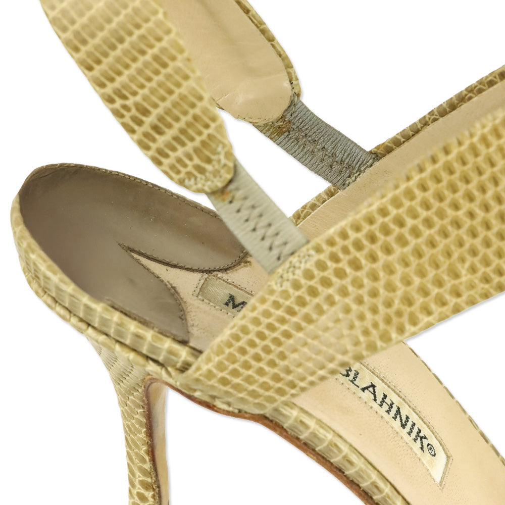 Manolo Blahnik Tan Lizard Leather Ankle Strap Sandal
