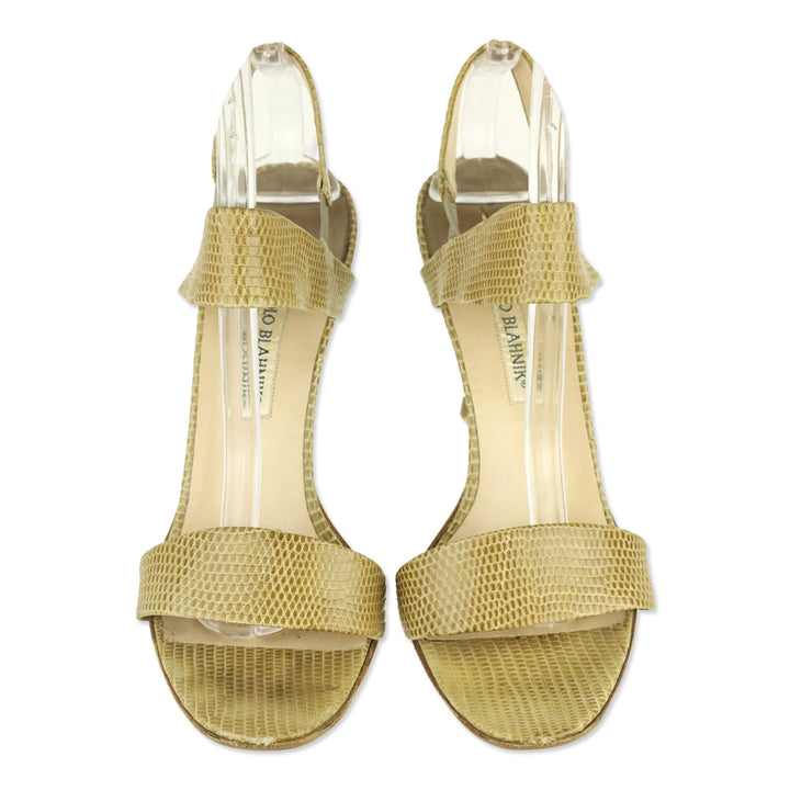 Manolo Blahnik Tan Lizard Leather Ankle Strap Sandal