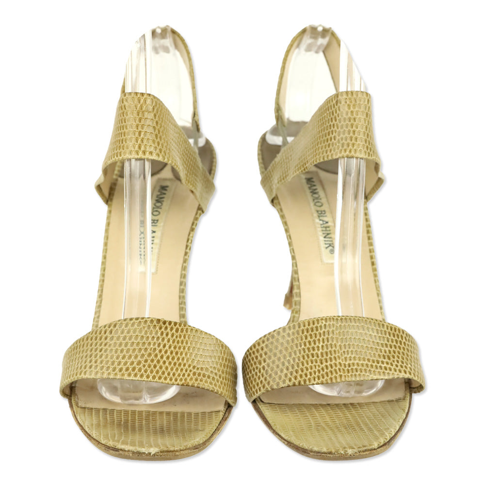 Manolo Blahnik Tan Lizard Leather Ankle Strap Sandal