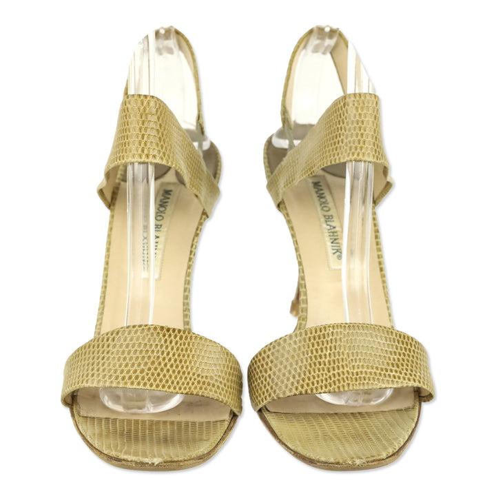 Manolo Blahnik Tan Lizard Leather Ankle Strap Sandal