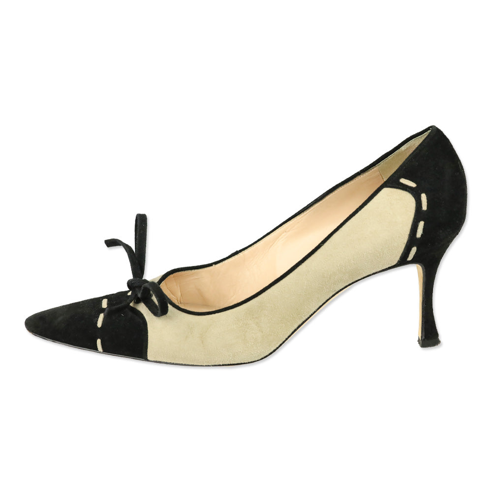 Manolo Blahnik Tan/Black Suede Bow Pumps