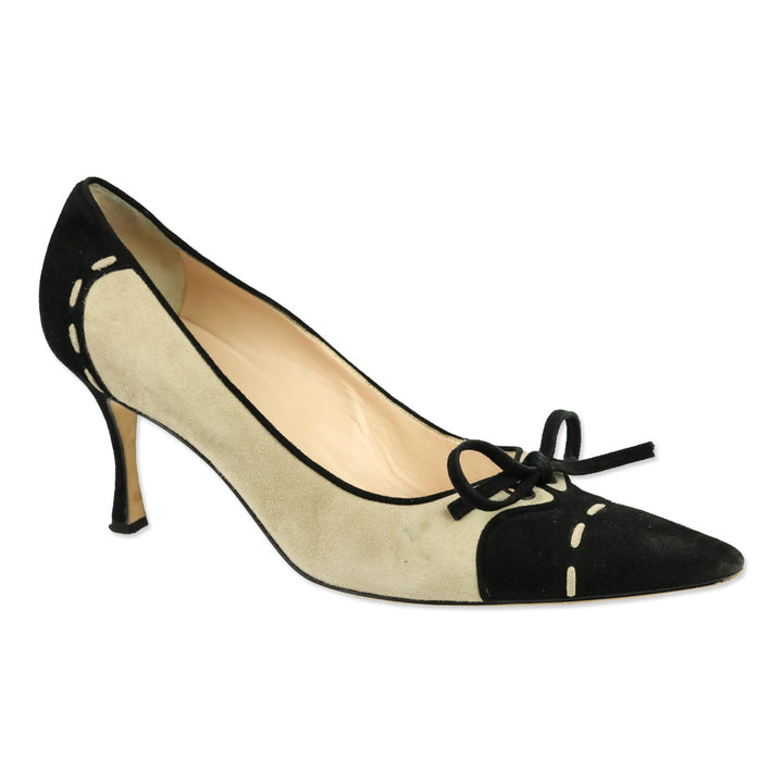 Manolo Blahnik Tan/Black Suede Bow Pumps
