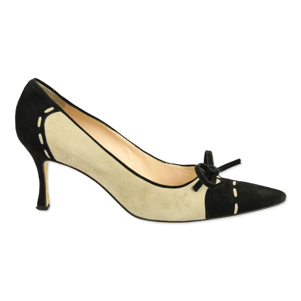 Manolo Blahnik Tan/Black Suede Bow Pumps