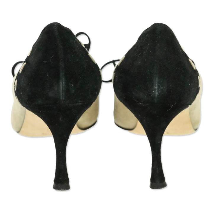 Manolo Blahnik Tan/Black Suede Bow Pumps
