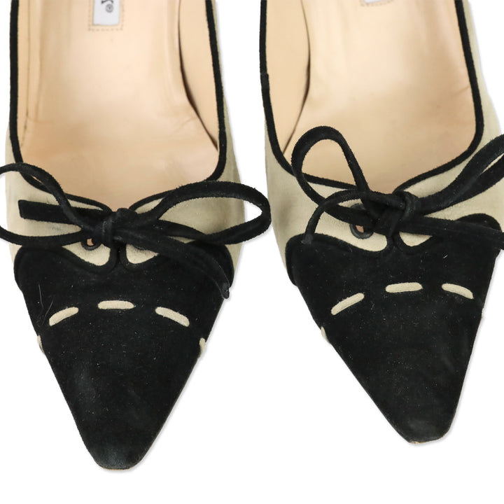 Manolo Blahnik Tan/Black Suede Bow Pumps