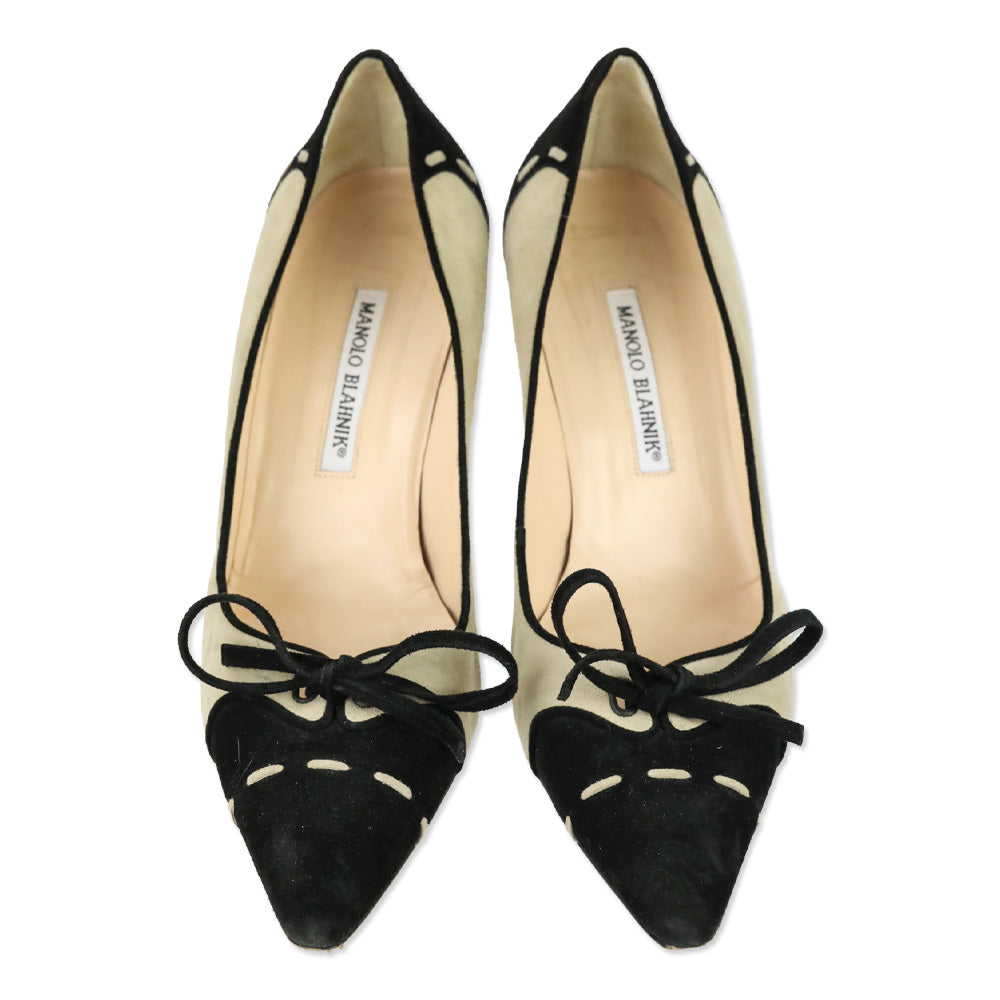 Manolo Blahnik Tan/Black Suede Bow Pumps