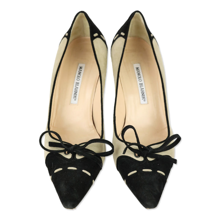 Manolo Blahnik Tan/Black Suede Bow Pumps