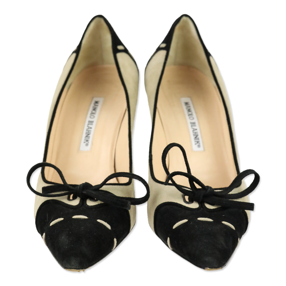 Manolo Blahnik Tan/Black Suede Bow Pumps