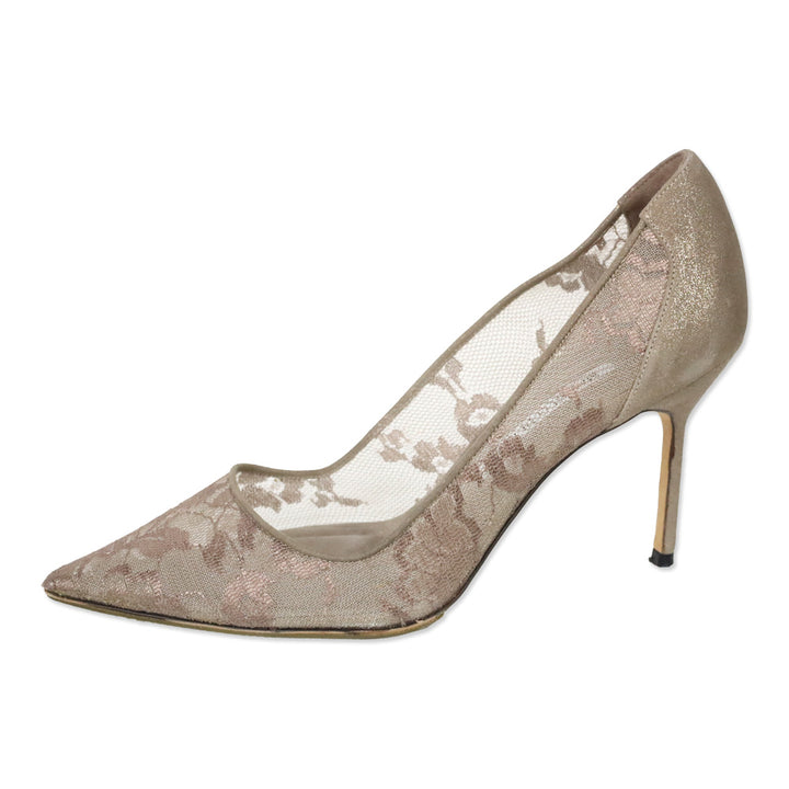 Manolo Blahnik Taupe Glitter Suede/Mesh Floral Lace Pumps