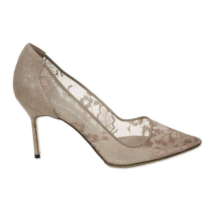 Manolo Blahnik Taupe Glitter Suede/Mesh Floral Lace Pumps